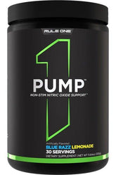 Rule One Pump non-stim nitric oxide support supplement in Blue Razz Lemonade flavor, 30 servings.